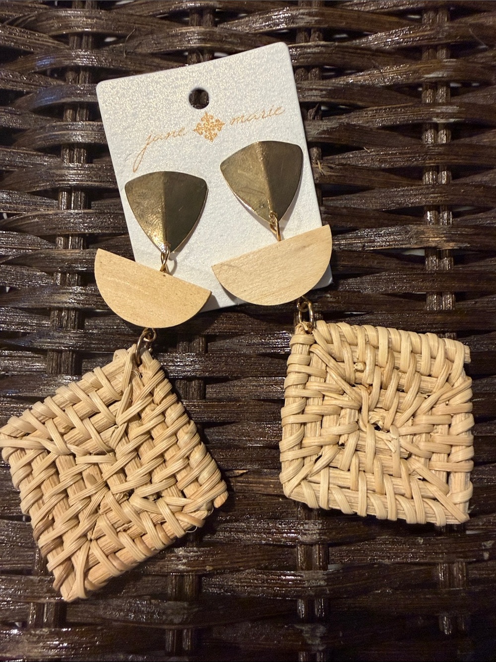 Gold and Natural Wicker Drop Earrings by Jane Marie